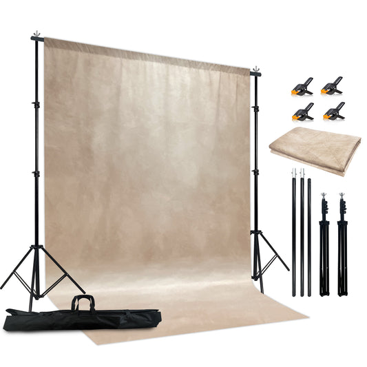 2-in-1 Abstract Photography Backdrop Stand Kit - 6.5x6.5 ft Portable Dual Rod Stand with 6x8 ft Polyester Fabric Backdrop for Portraits and Photo Props - Roller Pocket Design(6x8ft,Beige)