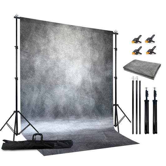 2-in-1 Abstract Photography Backdrop Stand Kit - 6.5x6.5 ft Portable Dual Rod Stand with 6x8 ft Polyester Fabric Backdrop for Portraits and Photo Props - Roller Pocket Design(6x8ft,Grey)