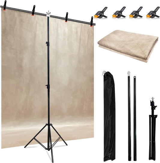6.5 x 5ft T-Shaped Backdrop Stand with Abstract Beige 5x6.5ft Professional Photography Backdrop,Adjustable Backdrop Stand Kit with 4 Spring Clamps,Portable Handbag (2 in 1)