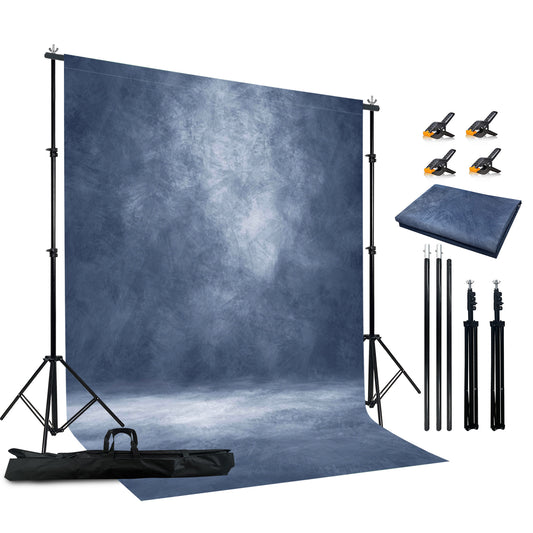 2-in-1 Abstract Photography Backdrop Stand Kit - 6.5x6.5 ft Portable Dual Rod Stand with 6x8 ft Polyester Fabric Backdrop for Portraits and Photo Props - Roller Pocket Design(6x8ft,Blue)