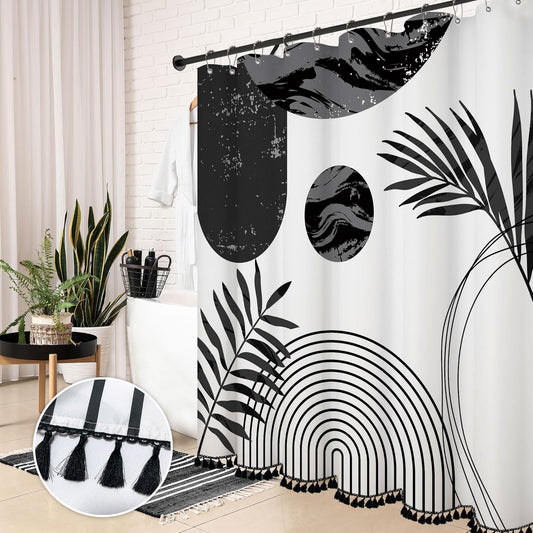 Black and White Boho Shower Curtain Set with Black Tassel Accents and Modern Minimalistic Design Waterproof Polyester,12 Anti Rust Hooks