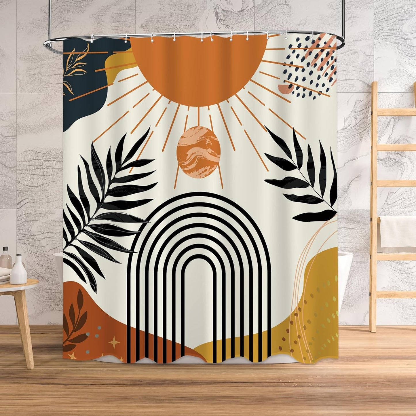 Abstract Tangerine Boho Shower Curtain Set,Arch Sun Design,Sage Green Minimalistic Leaves Pattern,Waterproof and Durable Luxurious Fabric-12 Hooks
