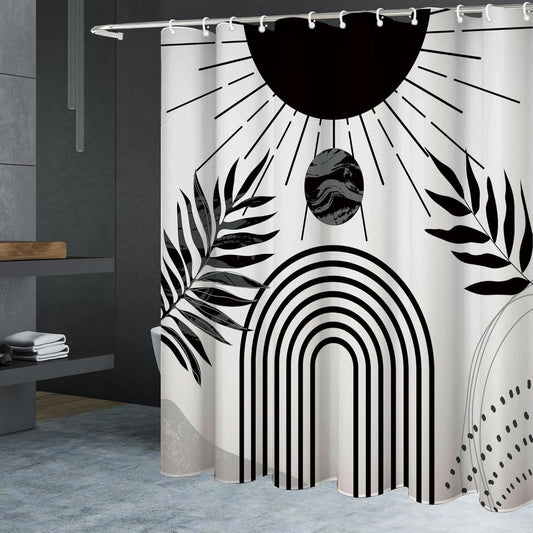 Black and White Boho Shower Curtain Set,Arch Sun Design,Sage Green Minimalistic Leaves Pattern,Waterproof and Durable Luxurious Fabric-12 Hooks