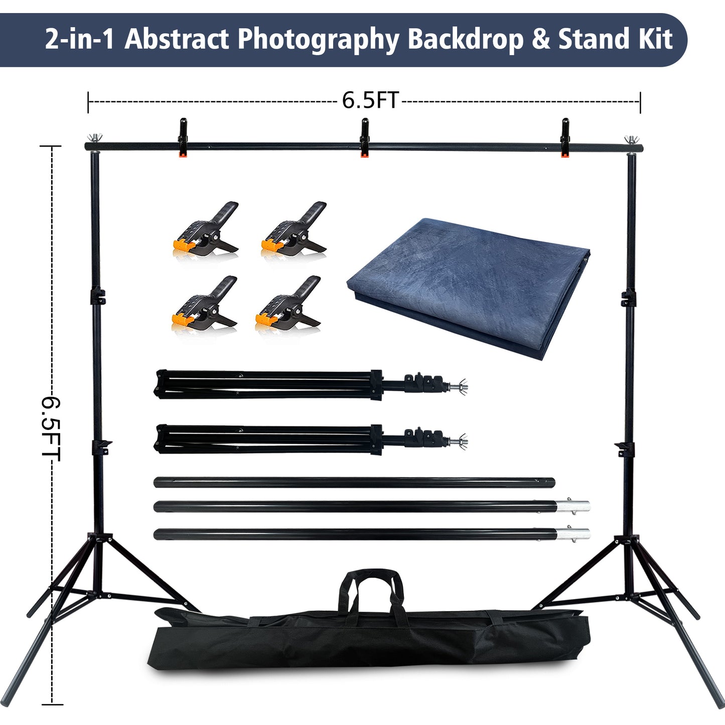2-in-1 Abstract Photography Backdrop Stand Kit - 6.5x6.5 ft Portable Dual Rod Stand with 6x8 ft Polyester Fabric Backdrop for Portraits and Photo Props - Roller Pocket Design（6x8ft,Blue）
