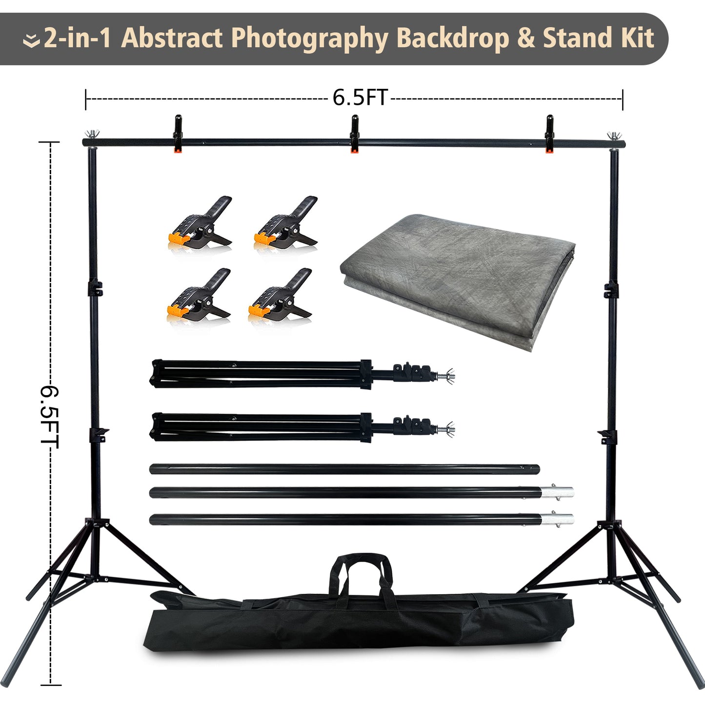 2-in-1 Abstract Photography Backdrop Stand Kit - 6.5x6.5 ft Portable Dual Rod Stand with 6x8 ft Polyester Fabric Backdrop for Portraits and Photo Props - Roller Pocket Design（6x8ft,Grey)