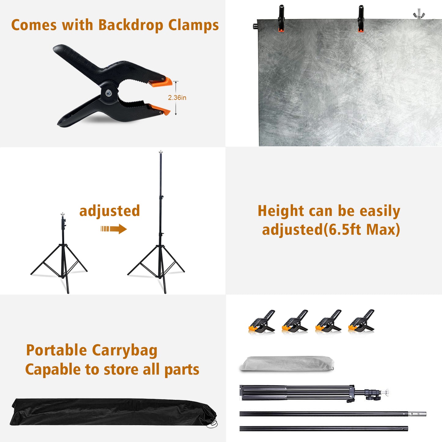 6.5 x 5ft T-Shaped Backdrop Stand with Abstract Grey 5x6.5ft Professional Photography Backdrop,Adjustable Backdrop Stand Kit with 4 Spring Clamps,Portable Handbag (2 in 1)