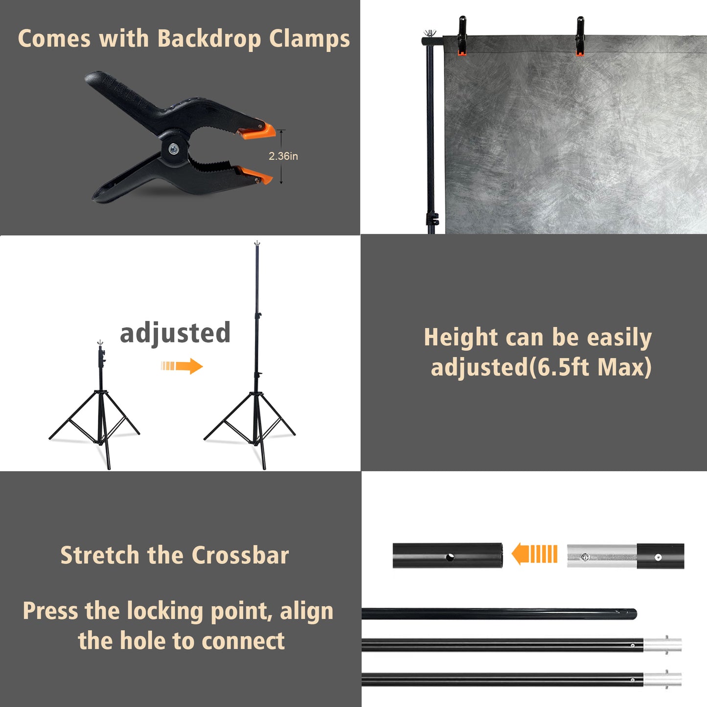 2-in-1 Abstract Photography Backdrop Stand Kit - 6.5x6.5 ft Portable Dual Rod Stand with 6x8 ft Polyester Fabric Backdrop for Portraits and Photo Props - Roller Pocket Design（6x8ft,Grey)