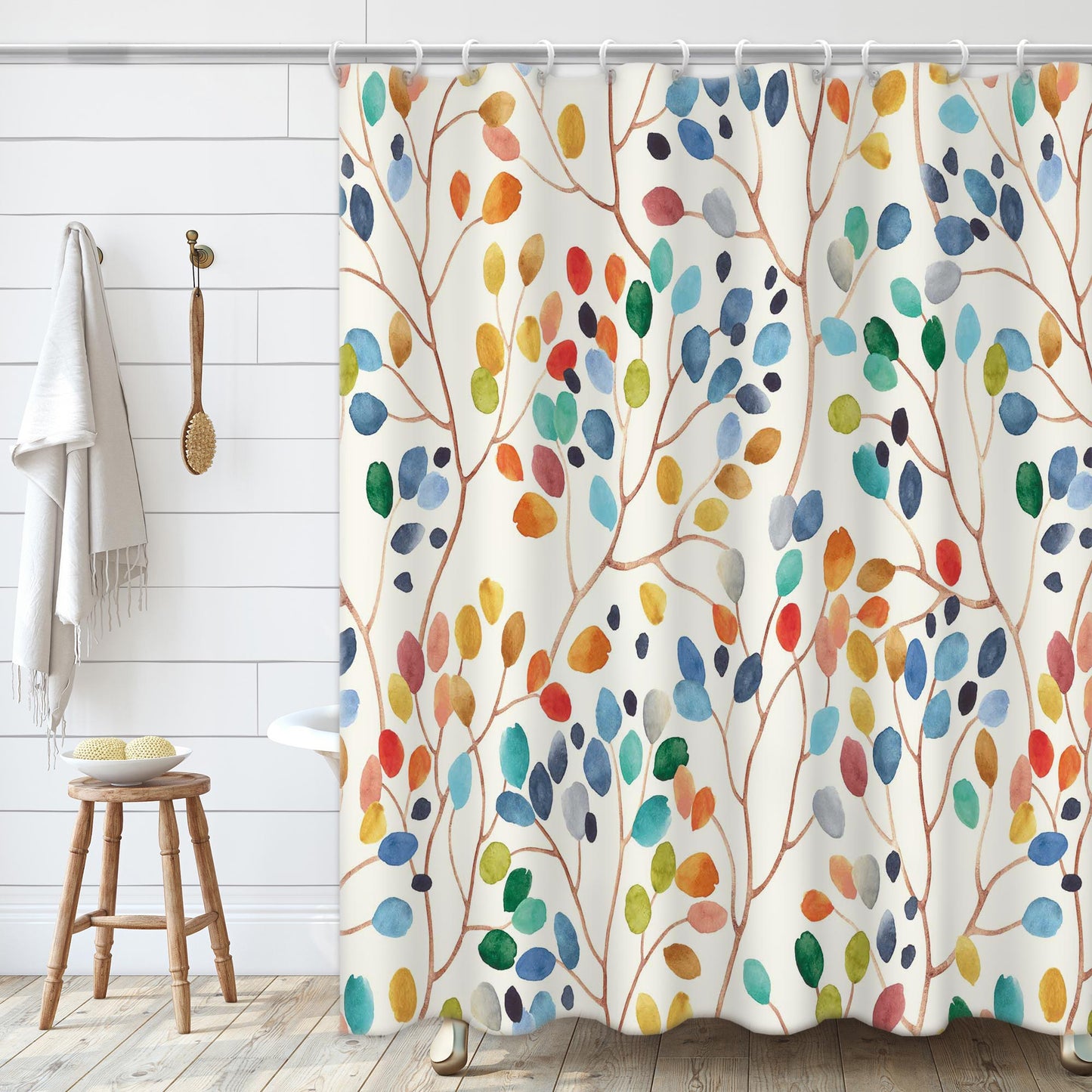 Circular colorful leaves Pattern Shower Curtain Set ,Waterproof and Luxurious Fabric-12 Hooks