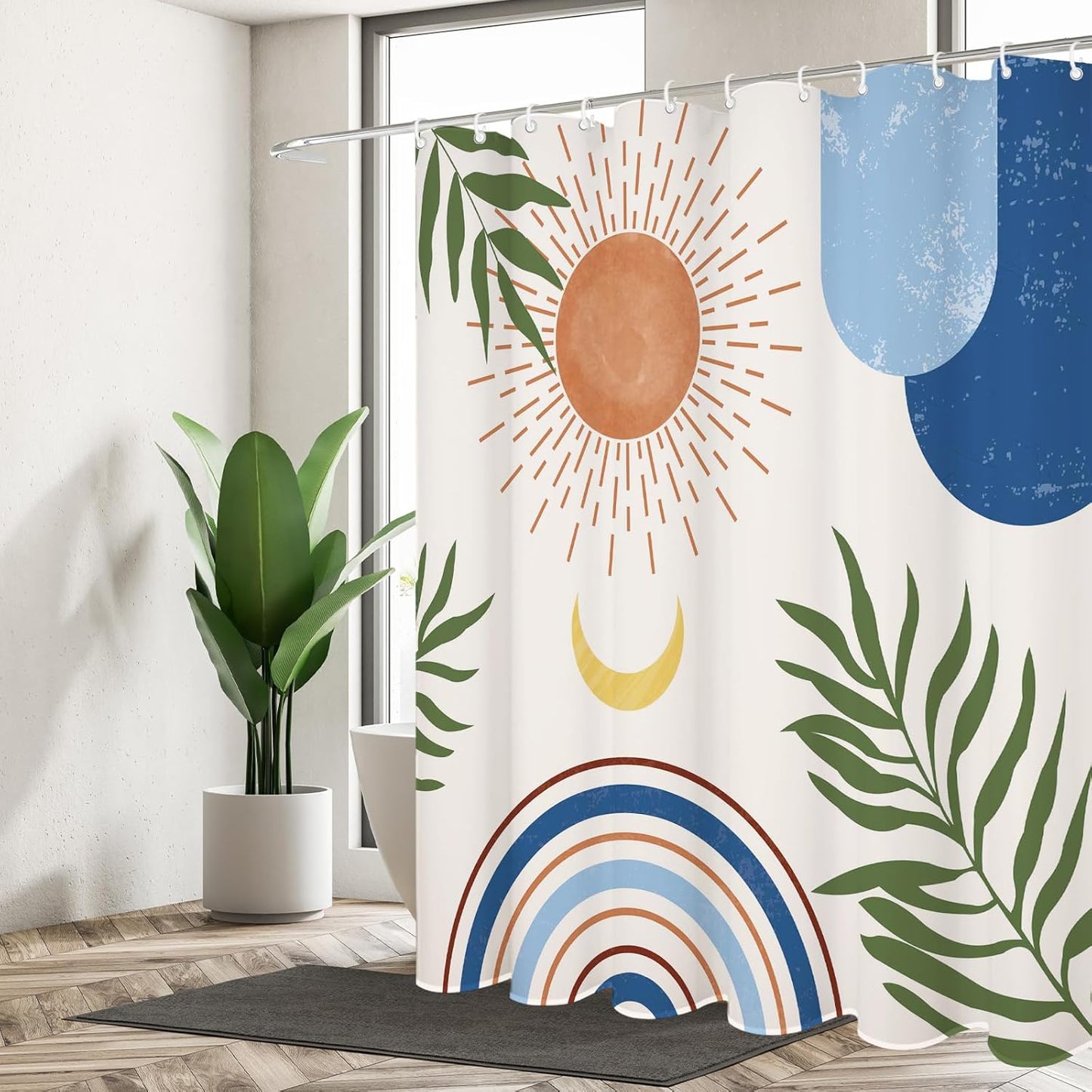 Blue and Beige Boho Shower Curtain Set,Arch Sun Design,Minimalistic Leaves Pattern,Waterproof and Luxurious Fabric-12 Hooks