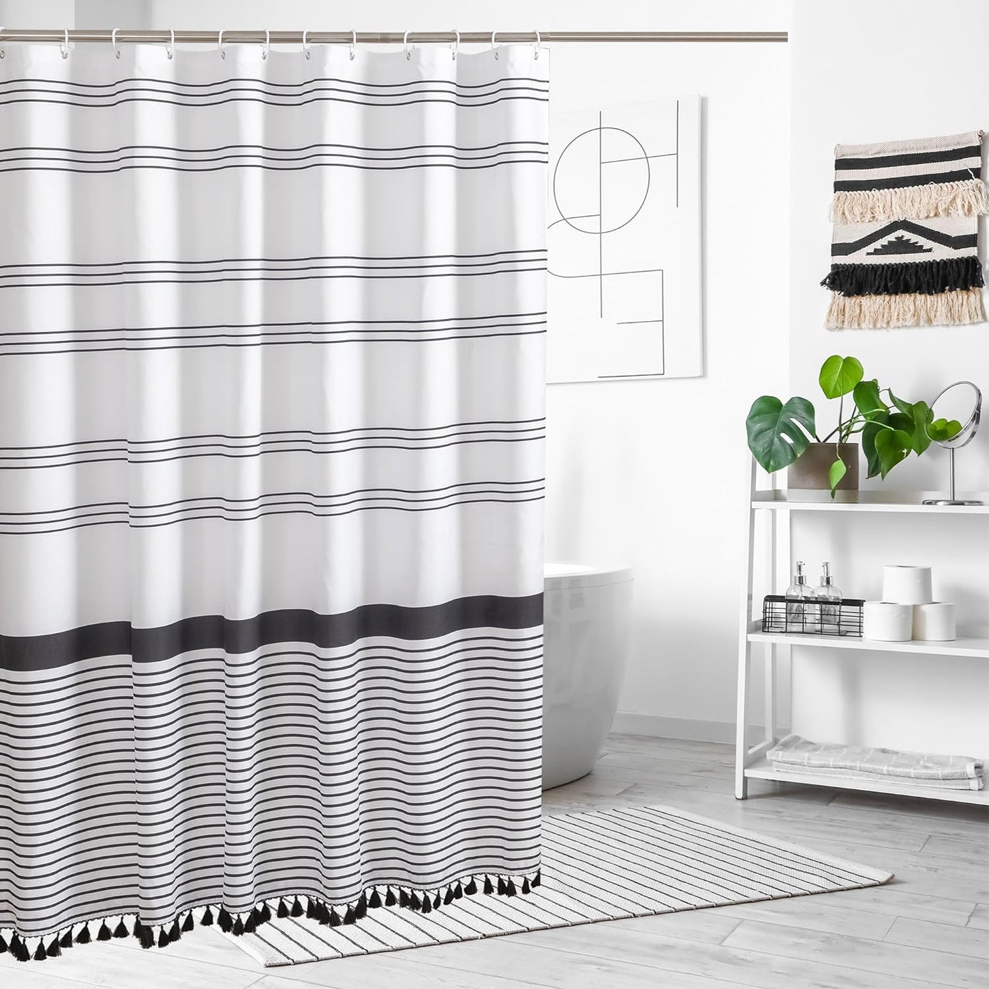 Microfiber Soft Fabric Waterproof Shower Curtain Farmhouse Black and White Striped Sets with Black Boho Tassels Modern Classics Curtains for Bathroom