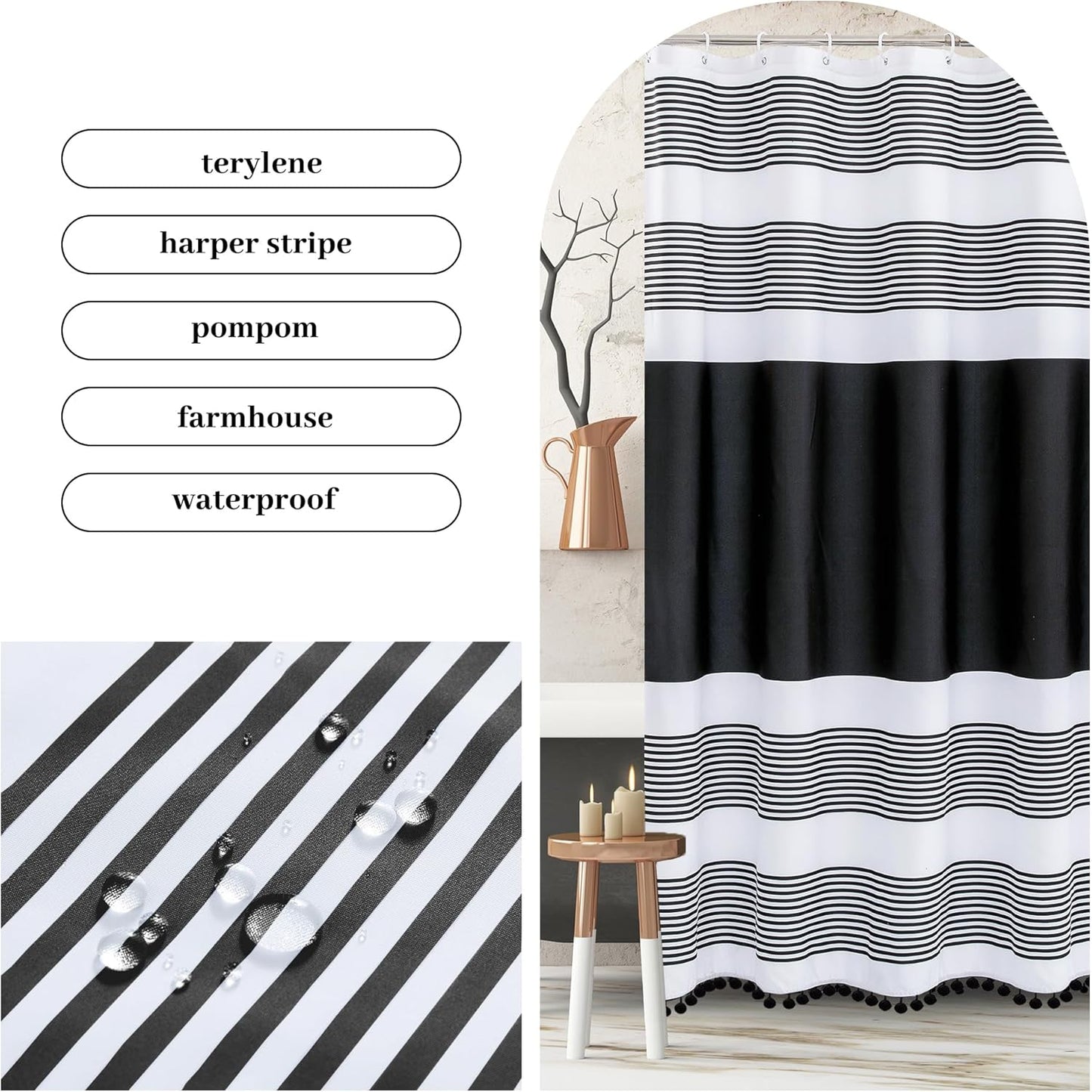 Fabric Luxury Farmhouse Black and White Stripes Curtain with Pompom Linen Black Boho Modern Classics Striped Curtains for Bathroom