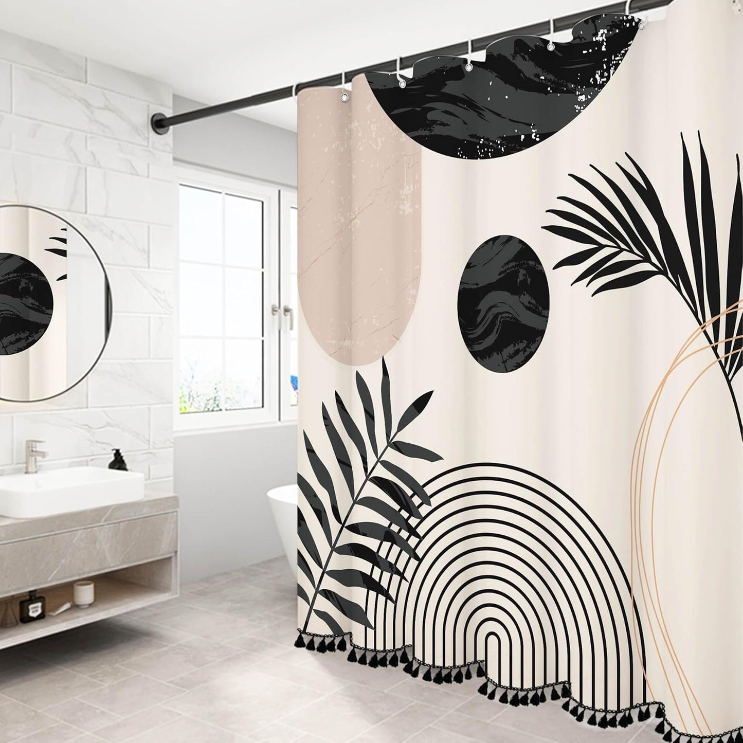 Boho Black and White Mid Century Leaf Shower Curtain Set,Arch Sun Design,Minimalistic Leaves Pattern,Waterproof and Luxurious Fabric-12 Hooks(72" x 72")