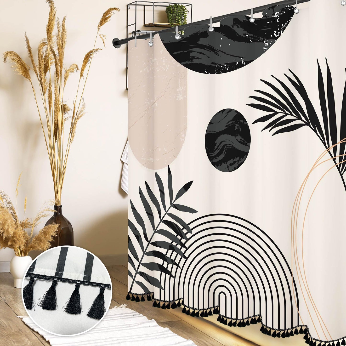 Boho Mid Century Leaf Shower Curtain Set,Arch Sun Design,Minimalistic Leaves Pattern,Waterproof and Luxurious Fabric-12 Hooks（复制）