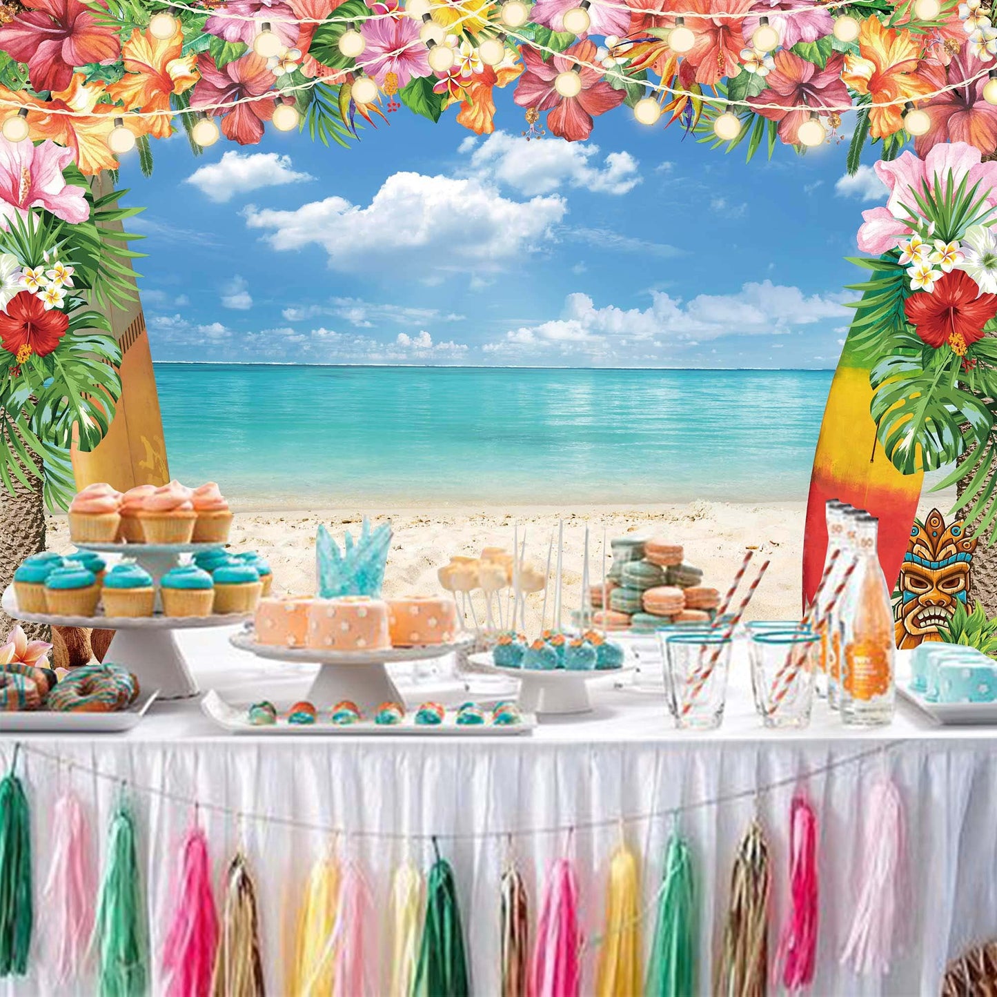Summer Hawaiian Beach Backdrop for Photography Tropical Flower Luau Hawaiian Party Decorations Aloha Blue Sky Ocean Palm Leaves Background Supplies Photoshoot