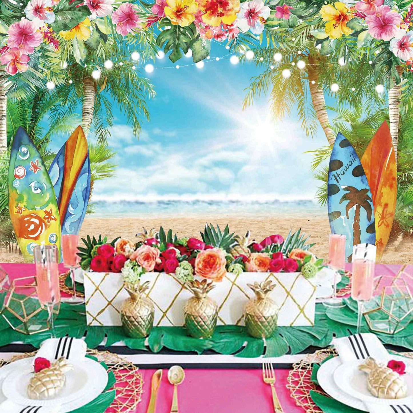 Summer Hawaiian Beach Backdrop Sky Ocean Tropical Flower Palm Leaves Surfboard Photography Background for Luau Aloha Party Decoration Banner Picture Photo Booth