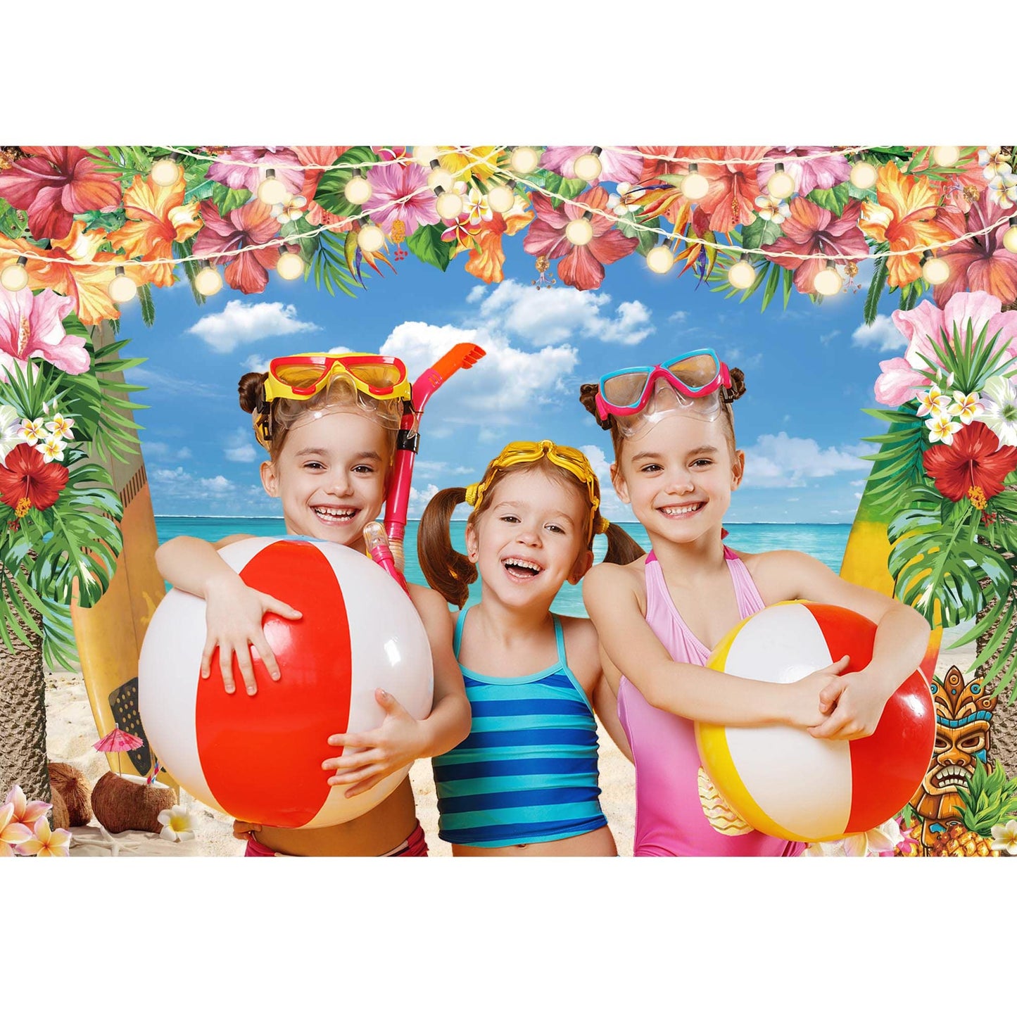 Summer Hawaiian Beach Backdrop for Photography Tropical Flower Luau Hawaiian Party Decorations Aloha Blue Sky Ocean Palm Leaves Background Supplies Photoshoot