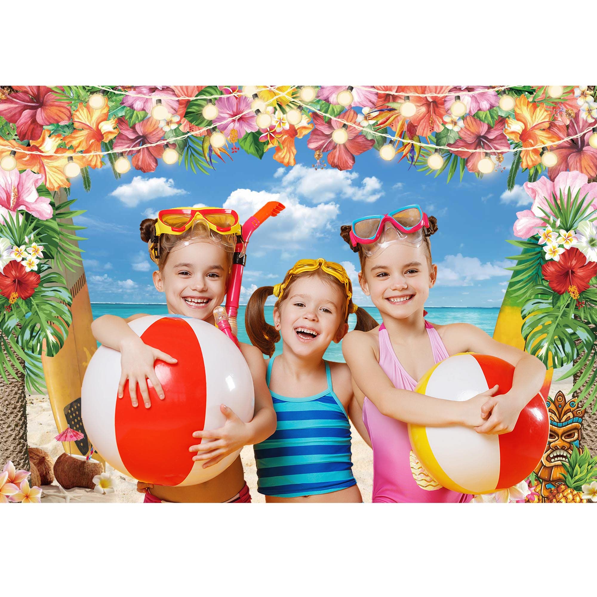 Summer Hawaiian Beach Backdrop for Photography Tropical Flower Luau Hawaiian Party Decorations Aloha Blue Sky Ocean Palm Leaves Background Supplies Photoshoot