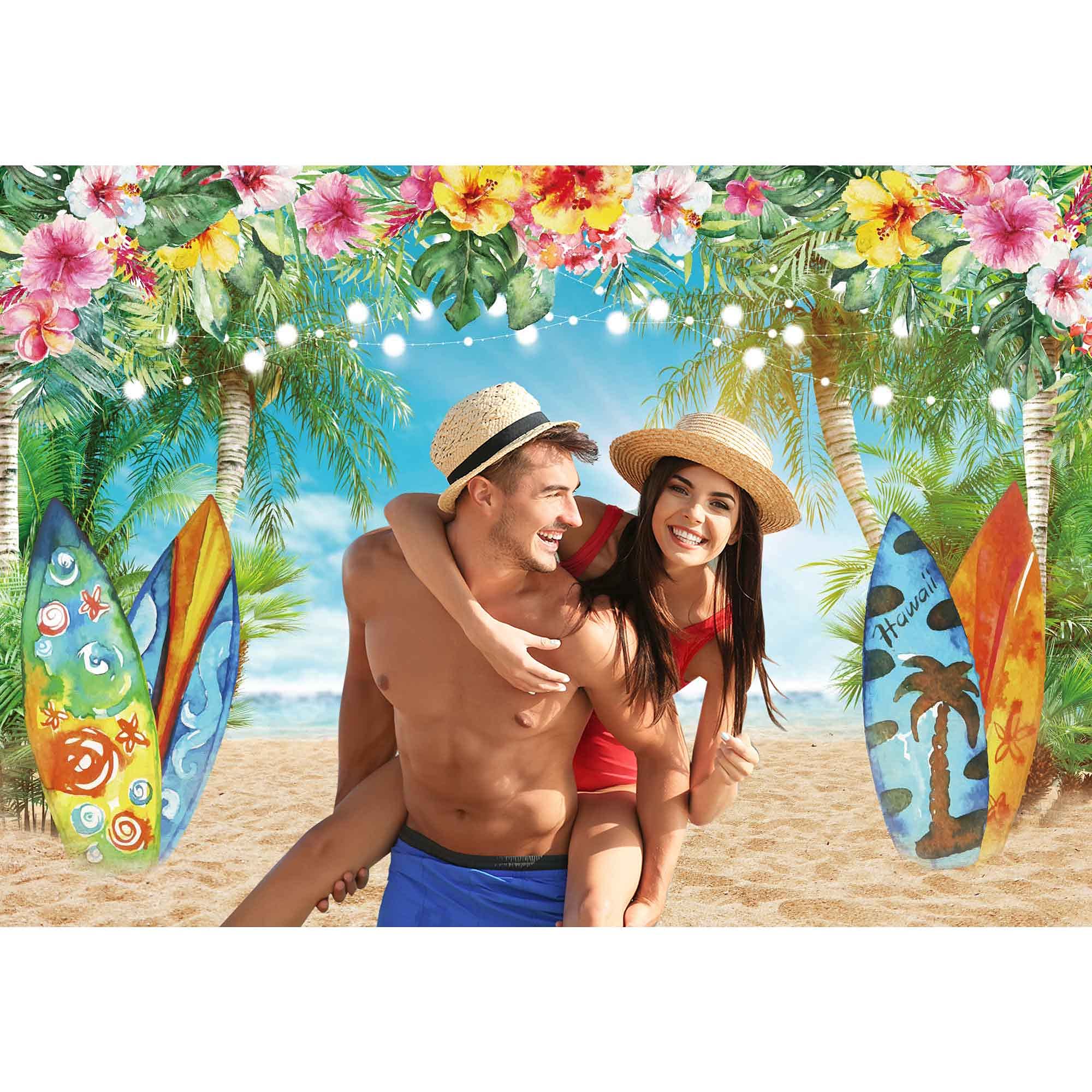 Summer Hawaiian Beach Backdrop Sky Ocean Tropical Flower Palm Leaves Surfboard Photography Background for Luau Aloha Party Decoration Banner Picture Photo Booth